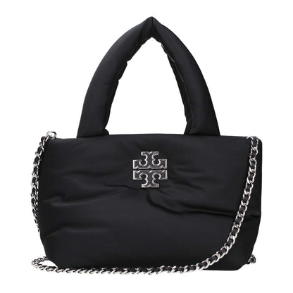 Tory Burch Black Fabric Handbag with logo and chain strap, showcasing elegance and functionality.
