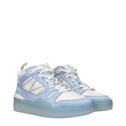 Moncler White Leather High Top Sneakers with logos in white leather featuring blue accents and translucent soles.
