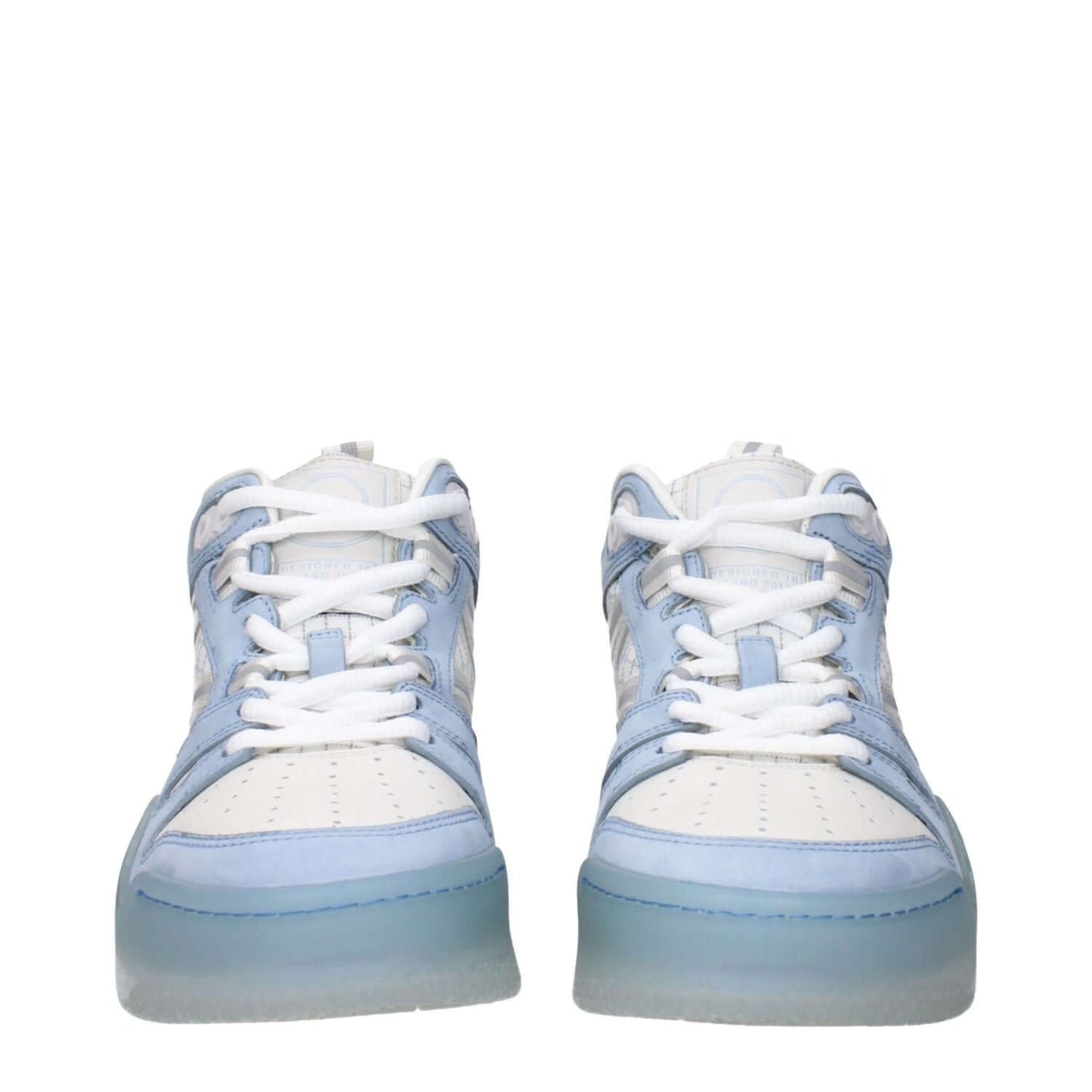 Moncler White Leather High Top Sneakers with blue accents, featuring front logo, side logo, and back logo, MPN 4M00150M2554P70, code F83588.