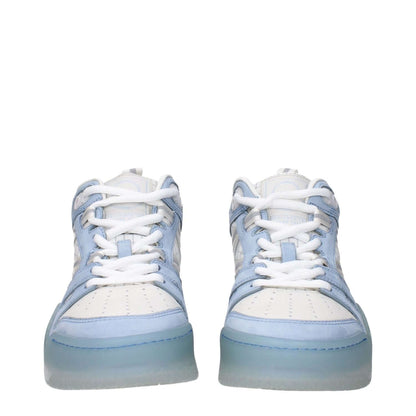 Moncler White Leather High Top Sneakers with blue accents, featuring front logo, side logo, and back logo, MPN 4M00150M2554P70, code F83588.