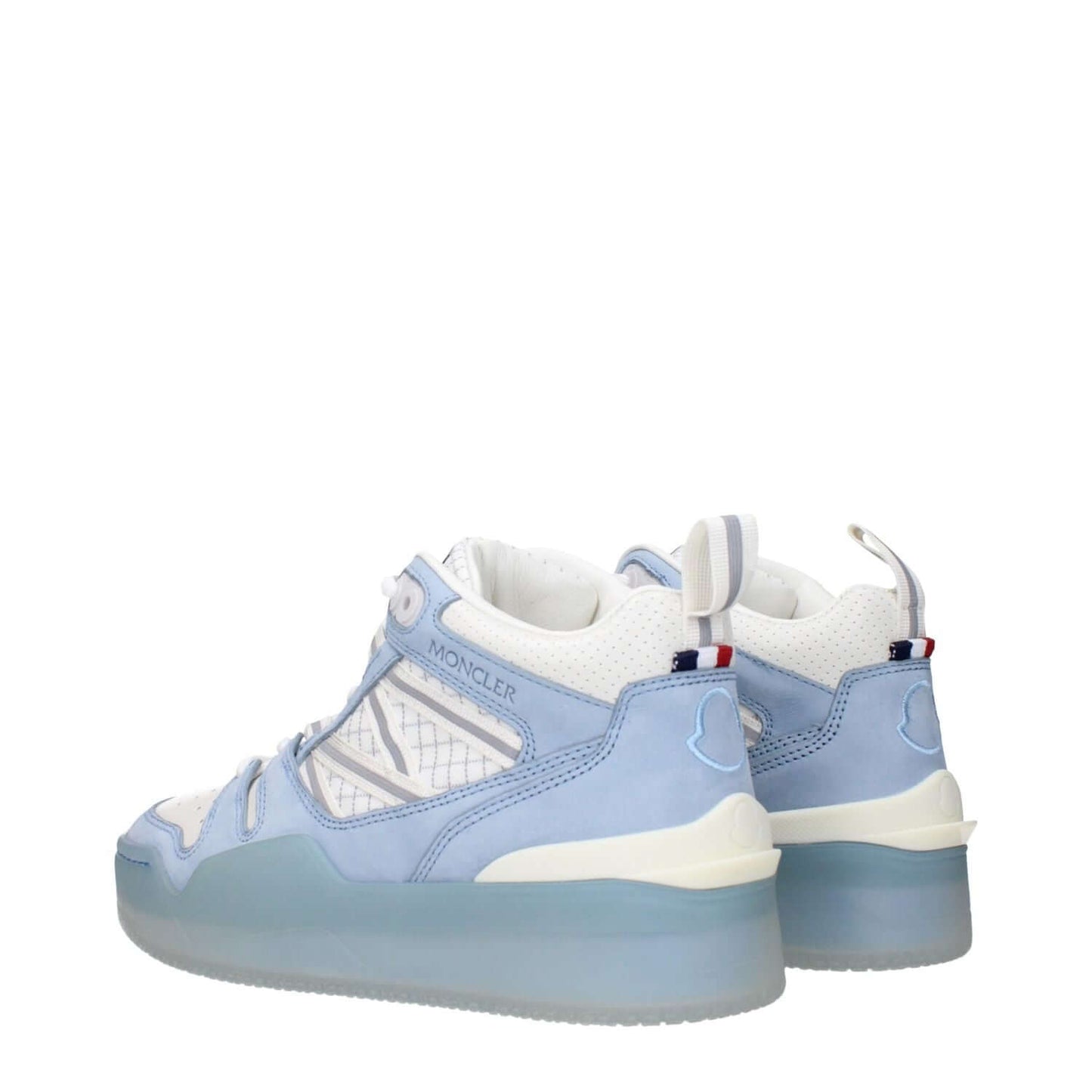 Moncler White Leather High Top Sneakers with logos and blue detail, MPN 4M00150M2554P70, code F83588, featuring sleek design and comfort.