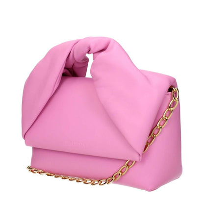 Jw Anderson Pink Leather Handbag with front logo and removable shoulder strap, featuring unique design and gold chain.