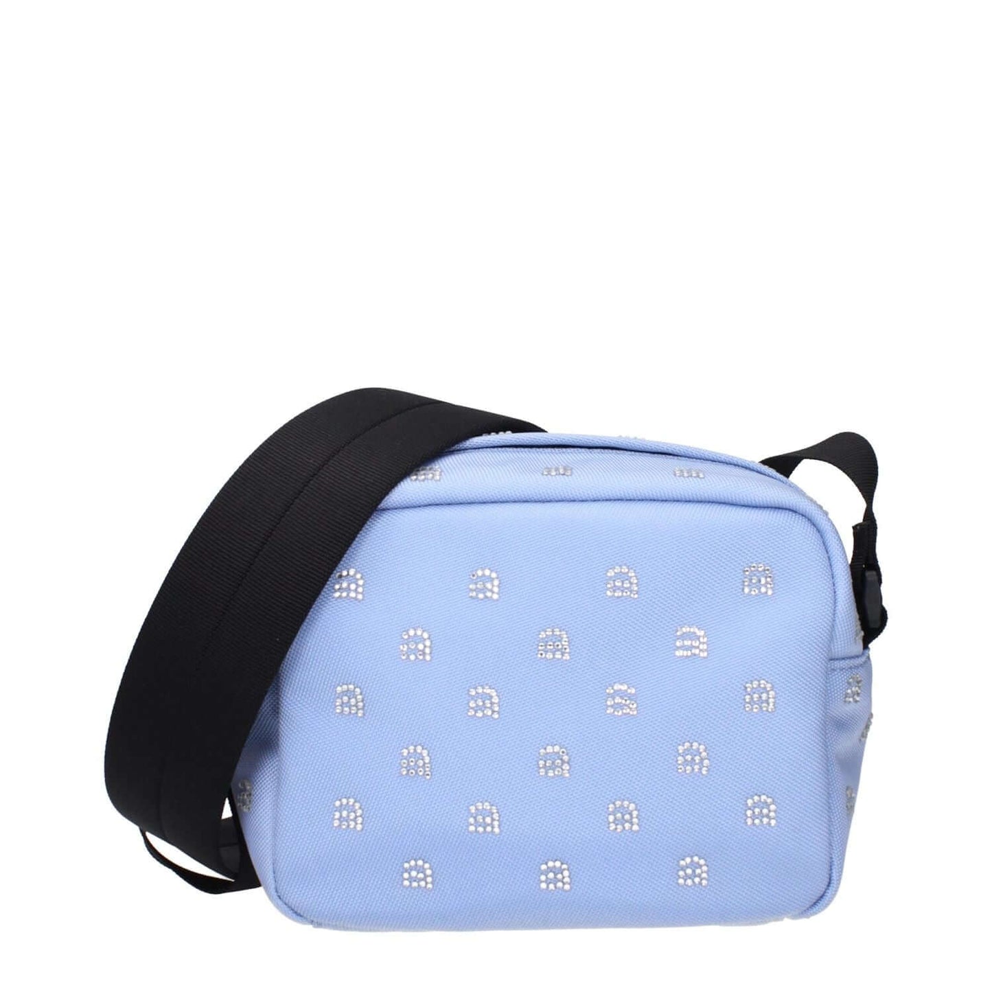 Alexander Wang Light Blue Fabric Crossbody Bag with rhinestone details and adjustable strap.