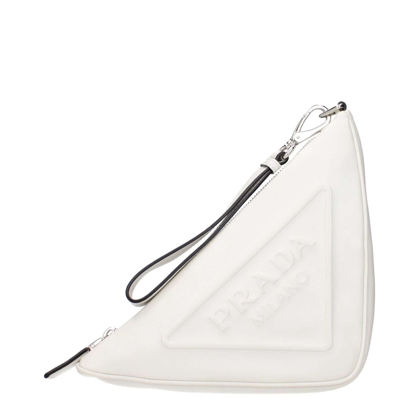 Prada White Leather Clutch Bag with front logo, removable handle, and distressed areas for unique style, MPN 1NE0392BYAF0009.
