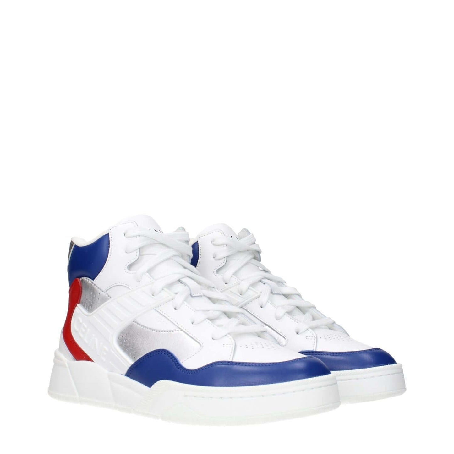 Celine White Leather Athletic Sneakers with front, side, and back logo accents in red, blue, and silver, MPN 353133843C01JD.