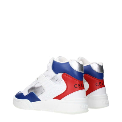 Celine White Leather Athletic Sneakers with logo detailing in red, white, and blue accent colors, side and back view.
