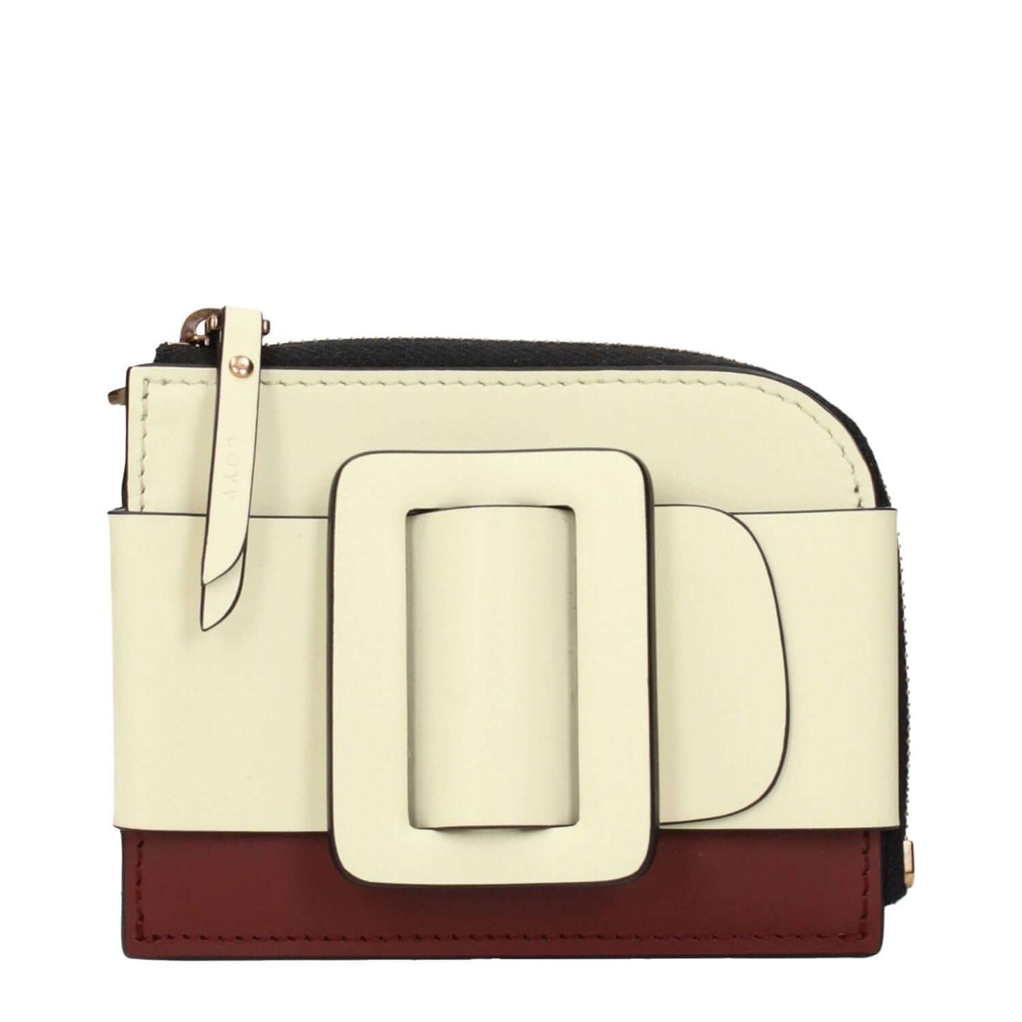 Boyy Beige Leather Cardholder with buckle design, removable handle, and two-tone detailing. Features back logo and unique spotted areas.