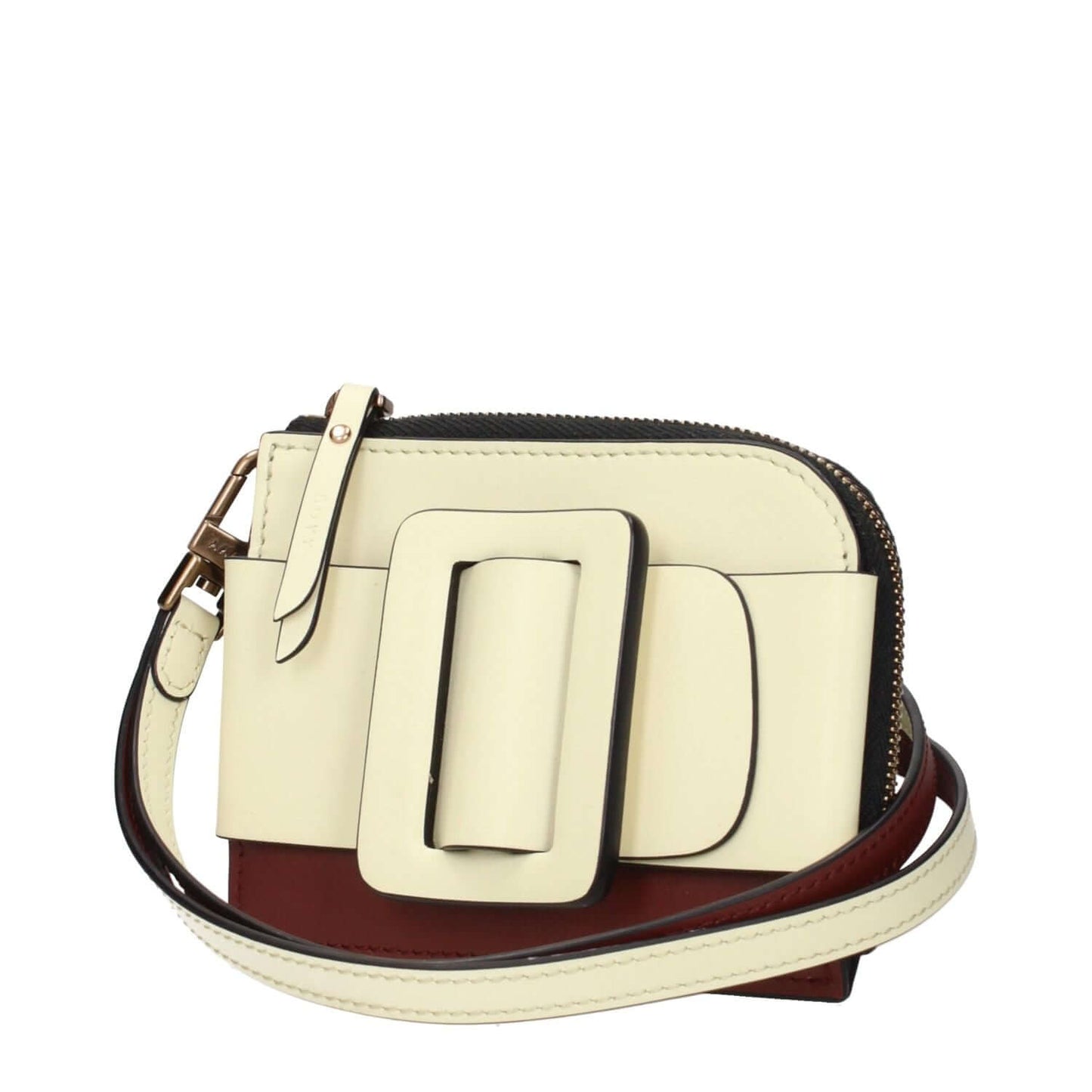 Boyy Beige Leather Cardholder with buckle detail, front and back logo, and removable handle, designed for document holding.