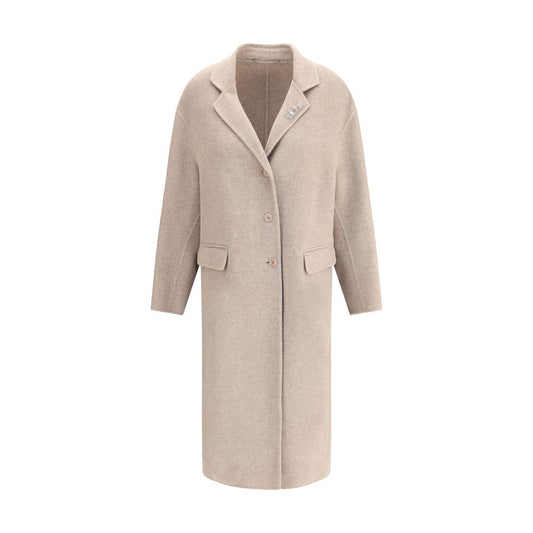 Ermanno Scervino Beige Wool Coat with lapels, V-neckline, rhinestone pins, front button closure, and welt flap pockets. Made in Italy.