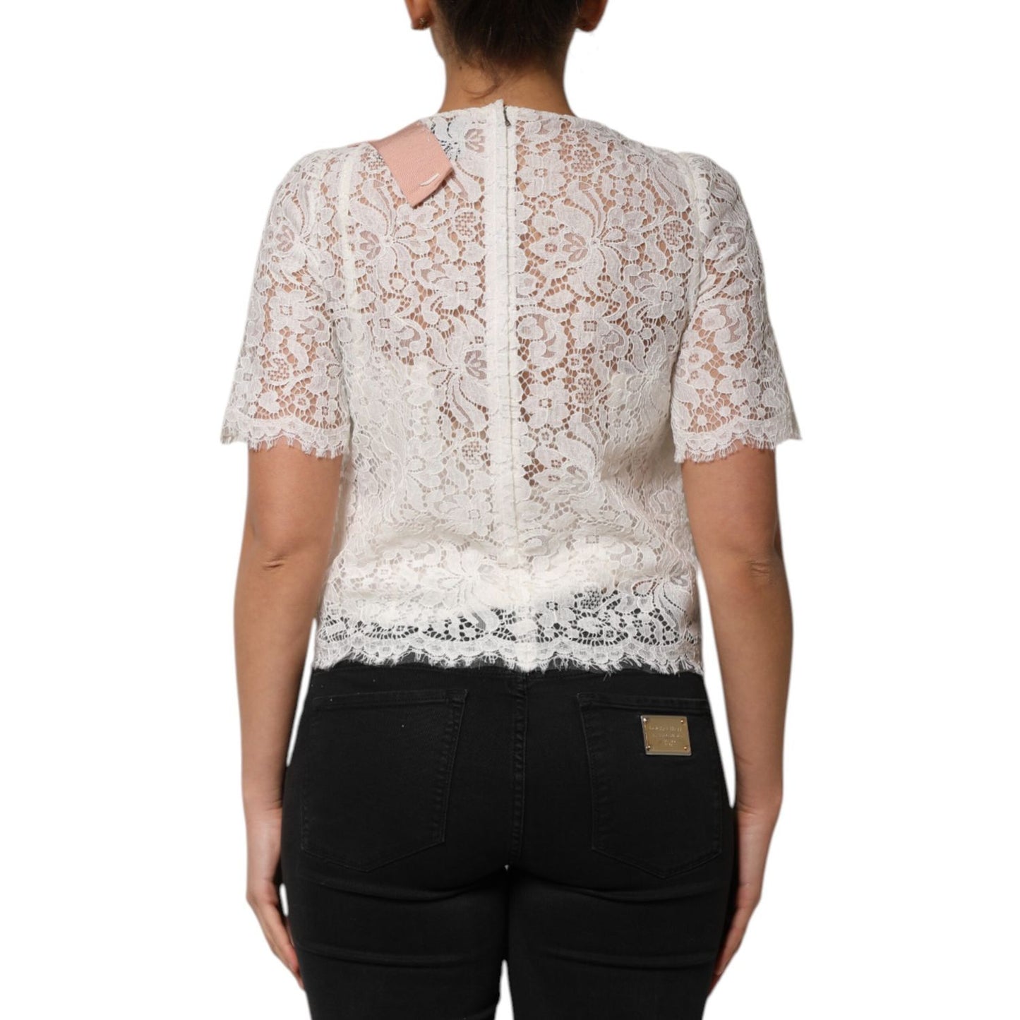 Dolce & Gabbana White Floral Lace Short Sleeves Blouse Top