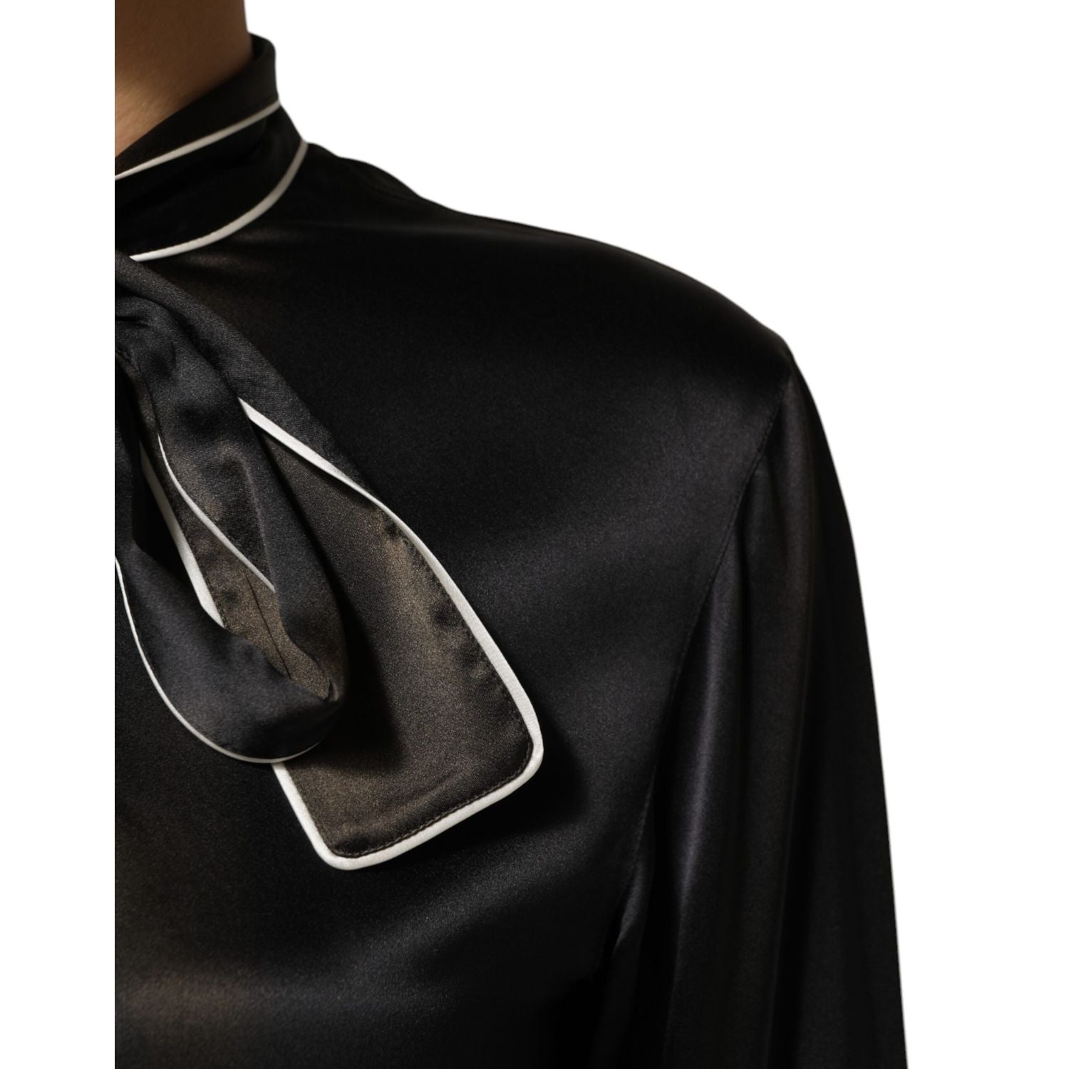 Dolce & Gabbana Black Silk Ascot Collared Button Blouse Top