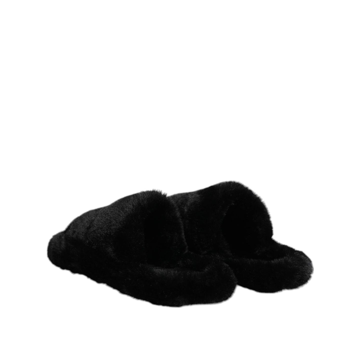 Dolce & Gabbana Black Faux Fur Flats Men Sandals Shoes