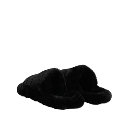 Dolce & Gabbana Black Faux Fur Flats Men Sandals Shoes