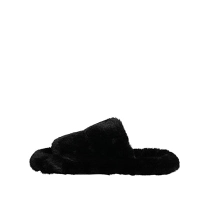 Dolce & Gabbana Black Faux Fur Flats Men Sandals Shoes