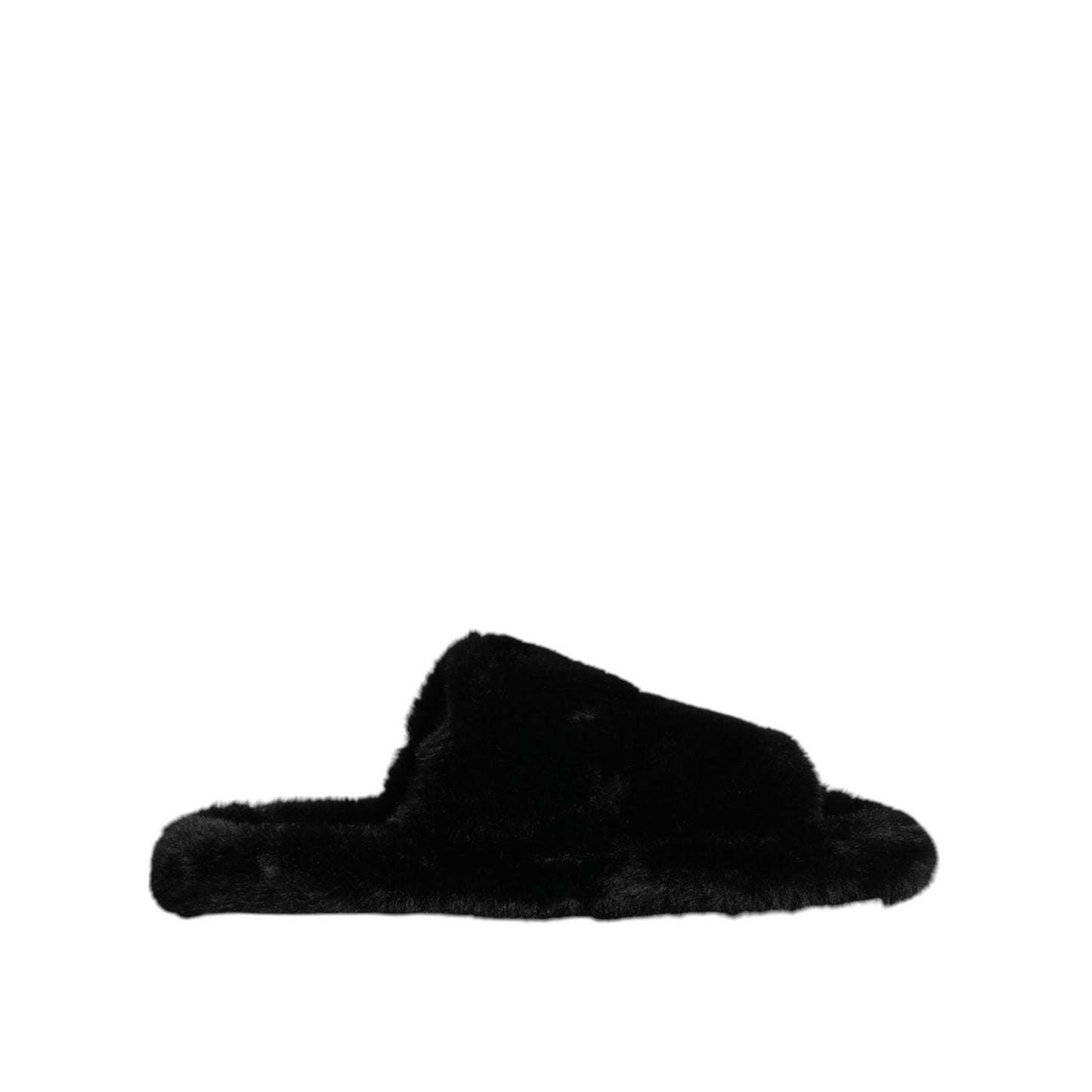 Dolce & Gabbana Black Faux Fur Flats Men Sandals Shoes