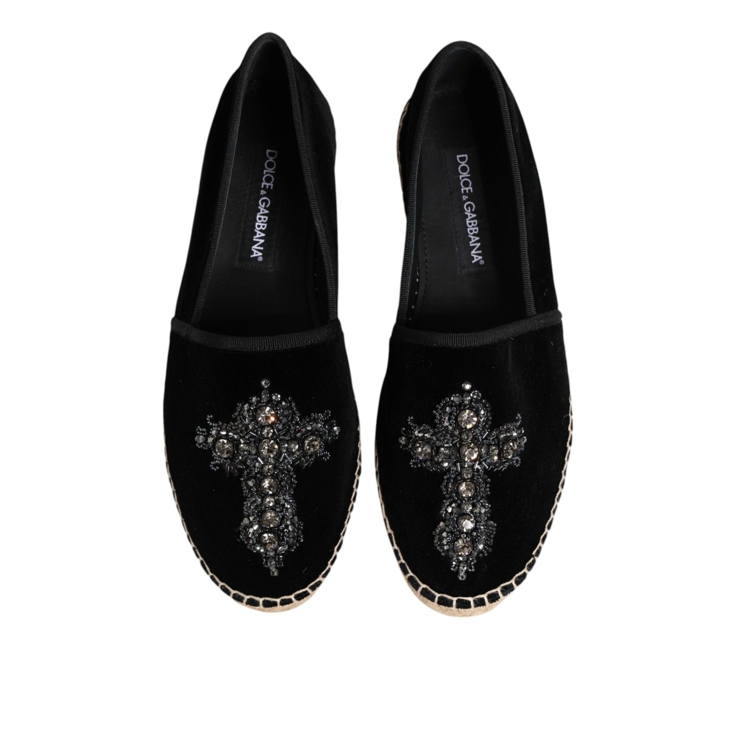 Dolce & Gabbana Black Cross Crystal Slip On Espadrille Shoes