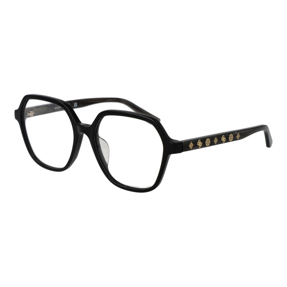 Square full-rim Guess Black Women Glasses Frame with acetate, demo lenses, and branded case. Frame size: 53-16-137. Fashionable black eyewear.