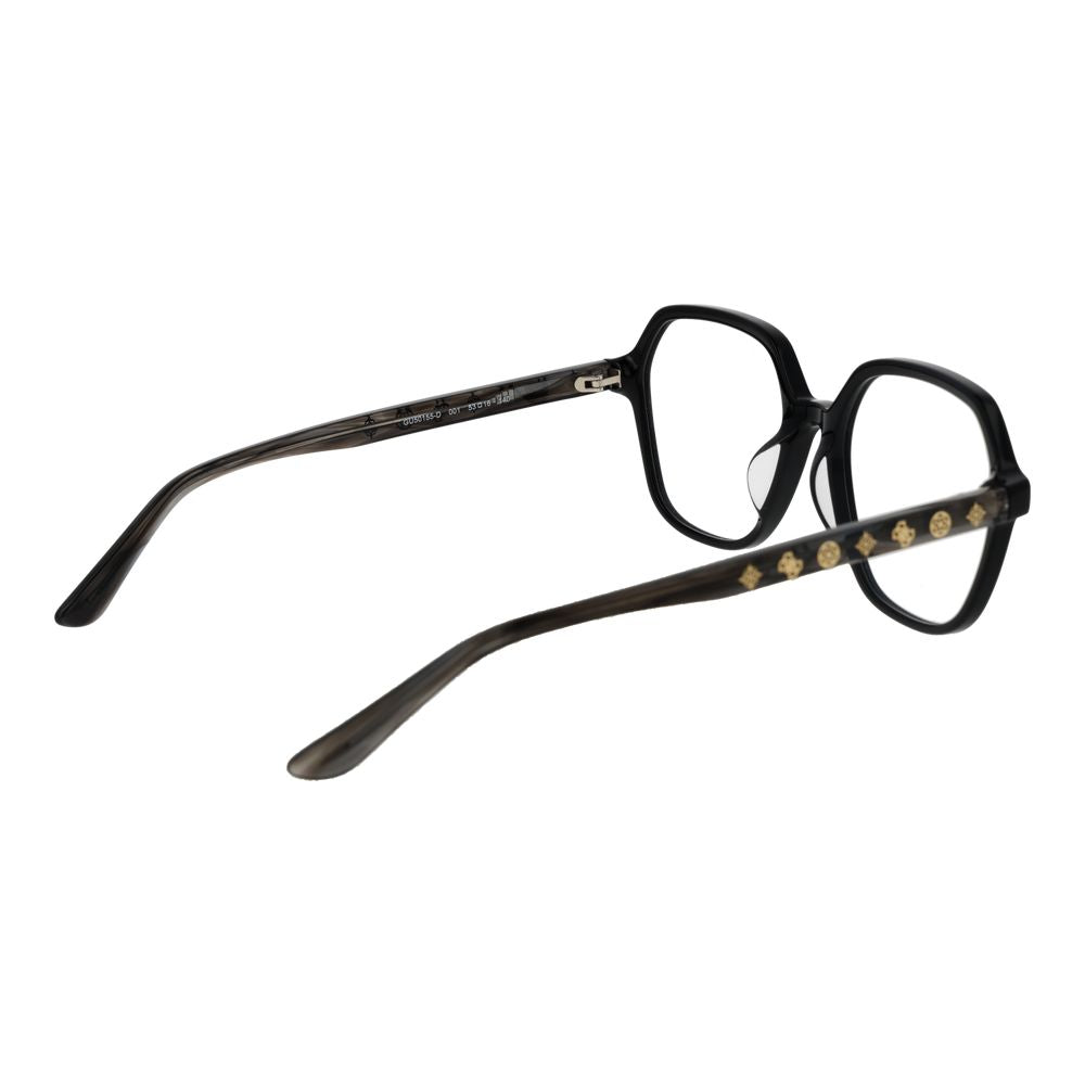 Guess Black Women Glasses Frame in black acetate full-rim square style with demo lenses, includes branded case, no spring hinge.