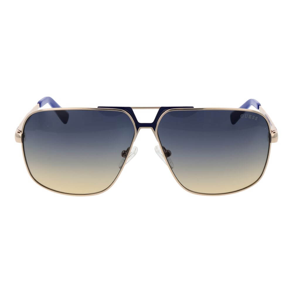 Guess Silver Metal Sunglasses for men with full-rim aviator style, silver metal frame, blue gradient lenses, includes branded case.