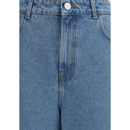 Close-up of Rohe Blue Cotton Relaxed Fit Jeans showing front zip and button closure with belt loops.