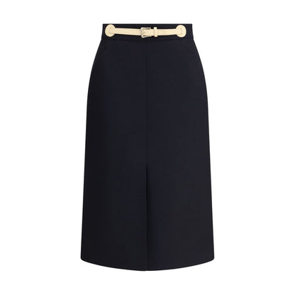 Valentino Black Fleece Wool Midi Skirt with leather belt and front slit, showcasing elegance and functionality.