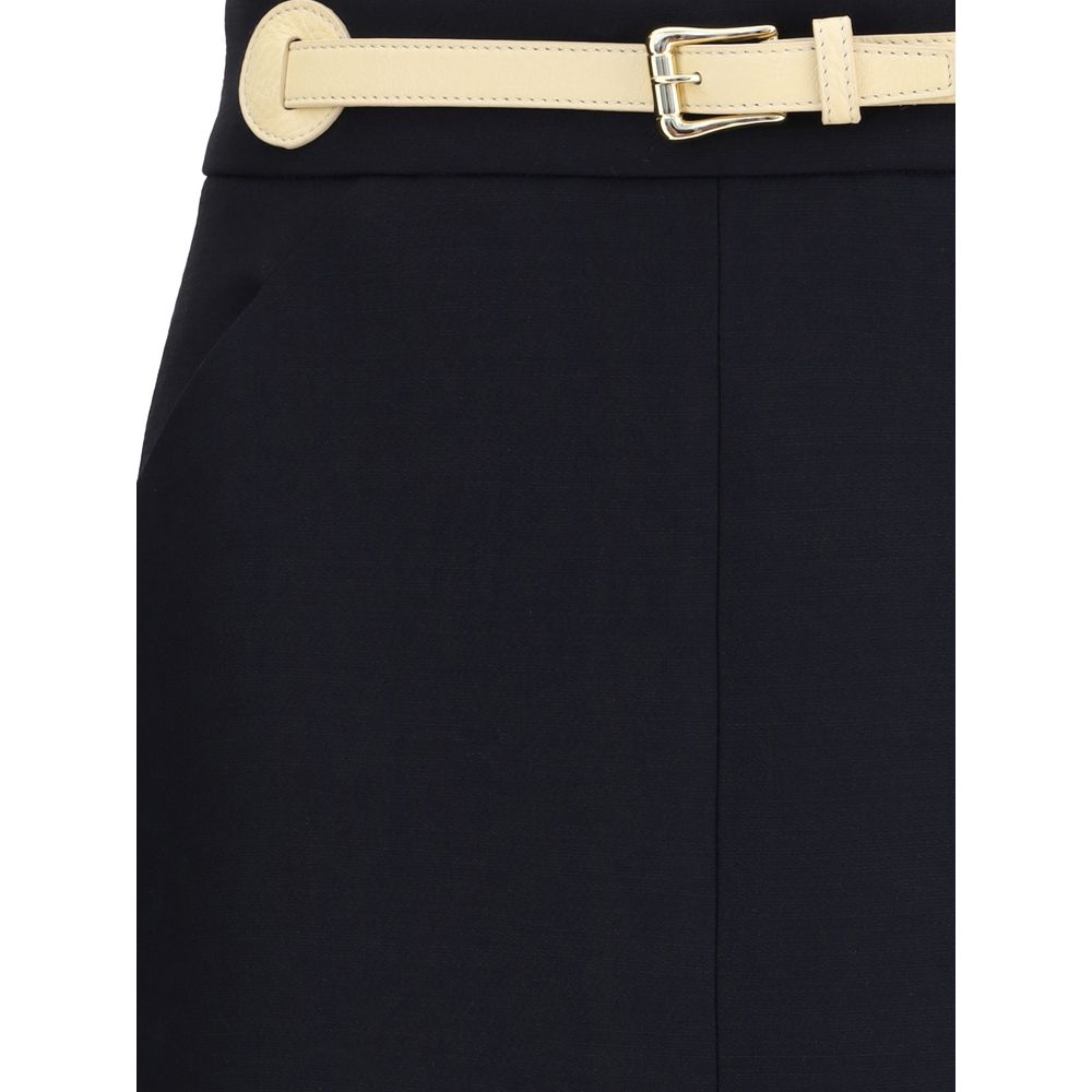 Valentino Black Fleece Wool Midi Skirt with built-in leather belt and side welt pocket detail.