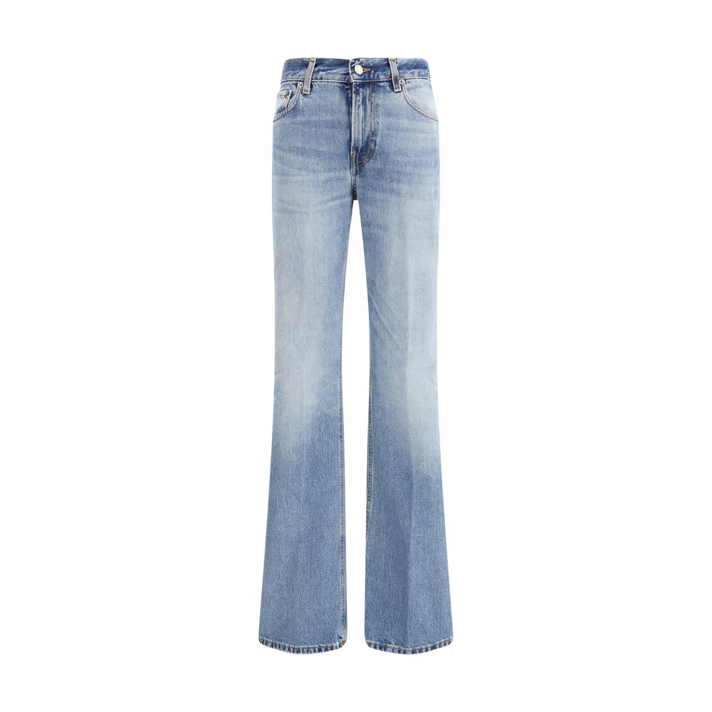 Haikure Light Blue Cotton Flared Jeans with mid-rise waist and five-pocket design, featuring a logoed leather patch on the back.