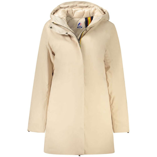 K-WAY Beige Polyester Jackets & Coat - Long sleeve trench with hood, padded, multiple pockets, zip and buttons, logo.
