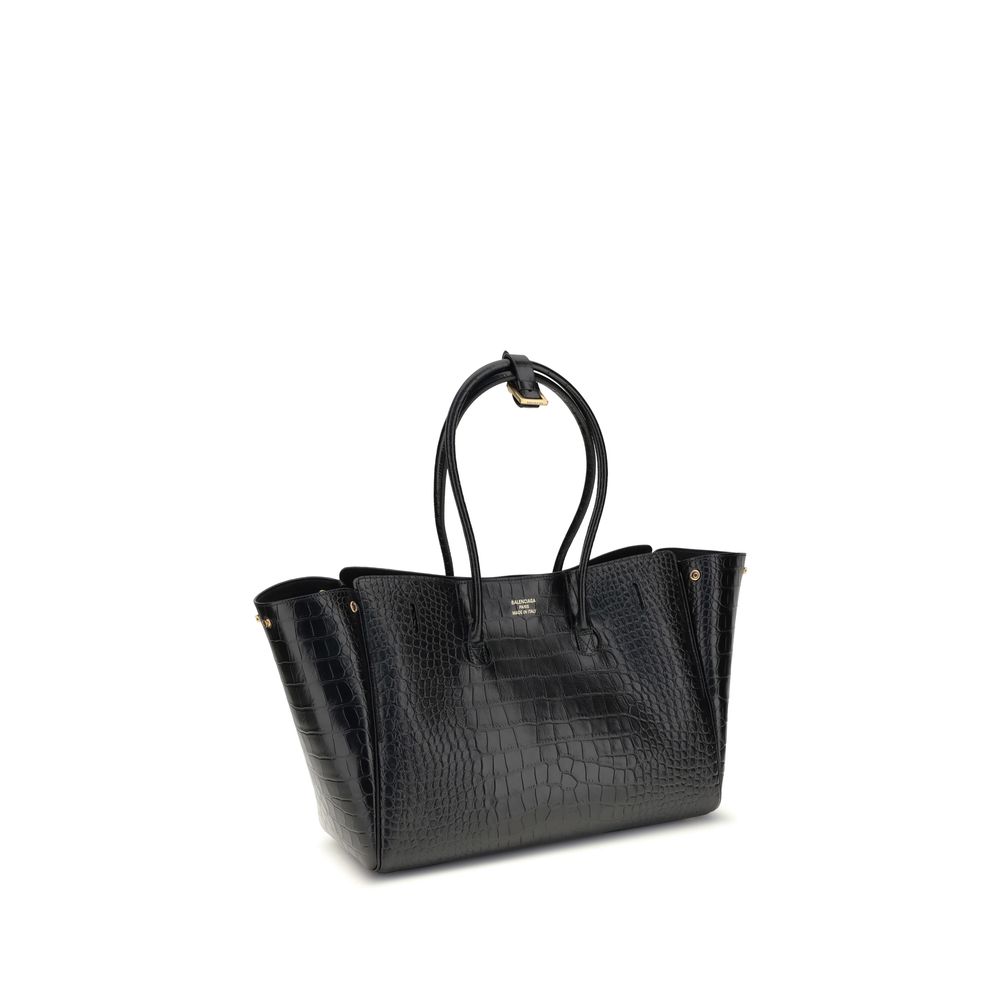 Balenciaga Black Calf Leather Bos Taurus Shoulder Bag with crocodile-effect leather and gold hardware