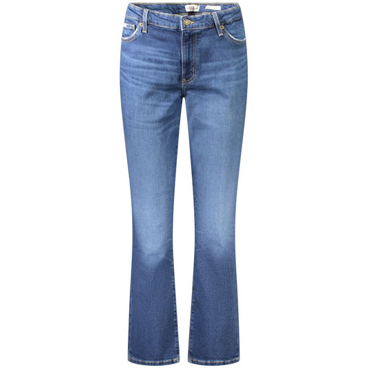 Guess Jeans Blue Cotton Women's Straight Jean with mid-rise fit, classic button and zip closure, five pockets, and Guess Jeans logo.