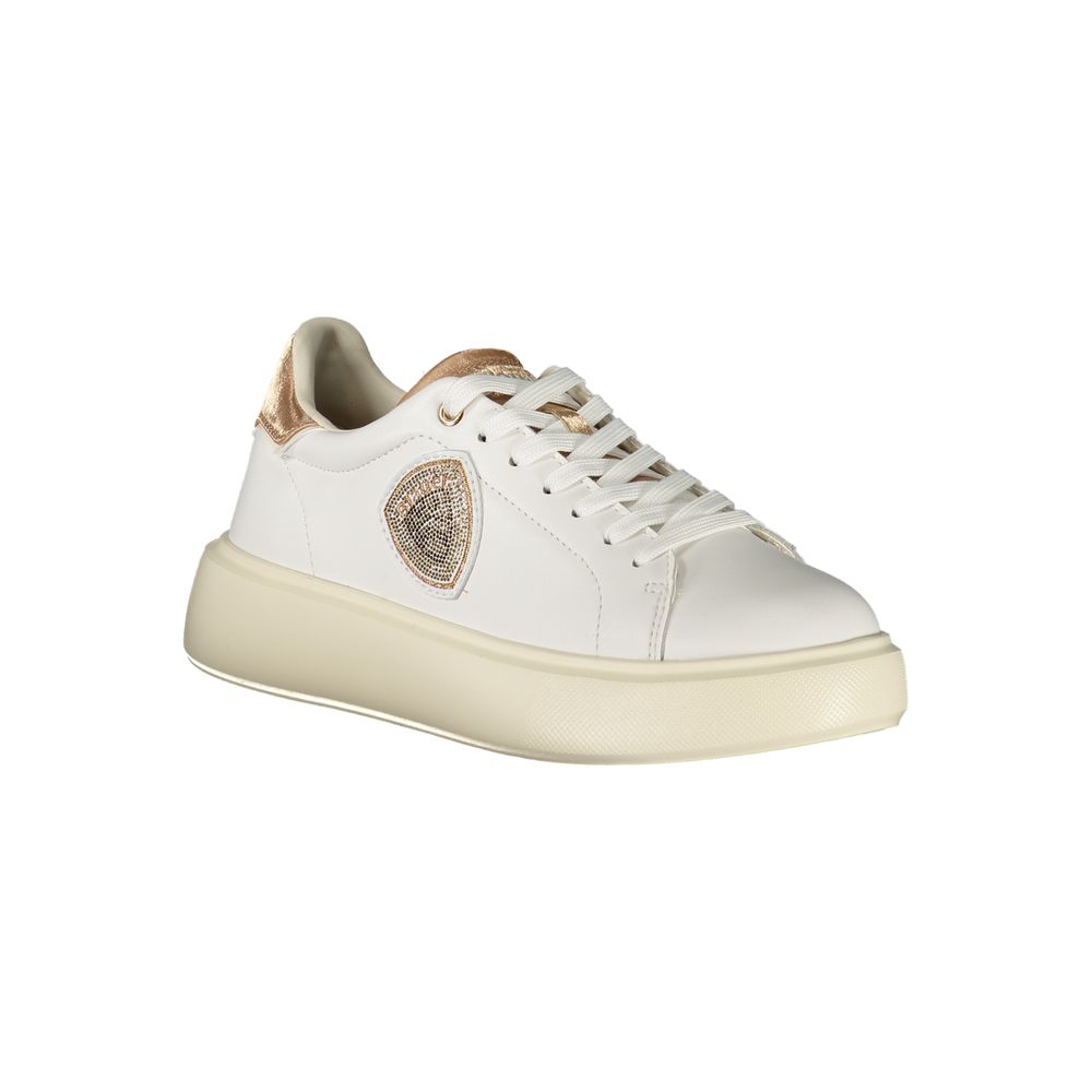 Blauer White Leather Women Sneaker with bronze accents and lace-up design, featuring a removable insole and logo for style and comfort.