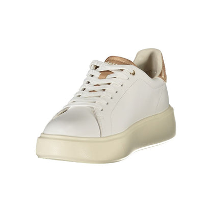 Blauer White Leather Women Sneaker with bronze accents, lace-up design, and removable insole for streetwear and casual chic style.