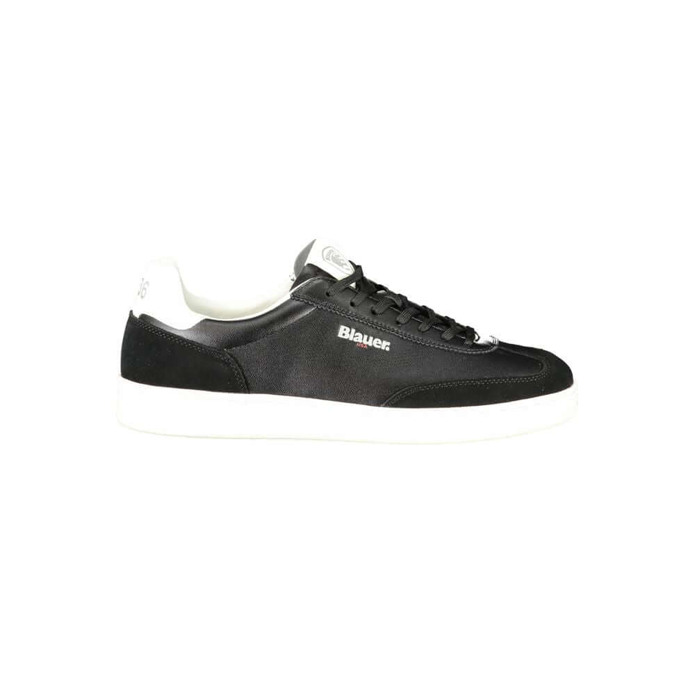 Blauer Black Leather Men Sneaker with white contrast details, removable insole for comfort, showcasing iconic logo for urban sophistication.