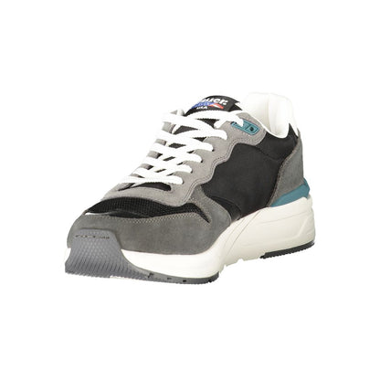 Blauer Black Leather Men Sneaker with sporty design and bold logo on side view.