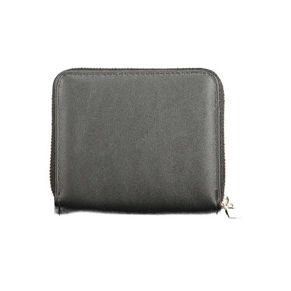 Guess Jeans Black Polyethylene Women Wallet with zip closure and Guess logo, featuring ample card spaces and coin purse, shown in sleek black.
