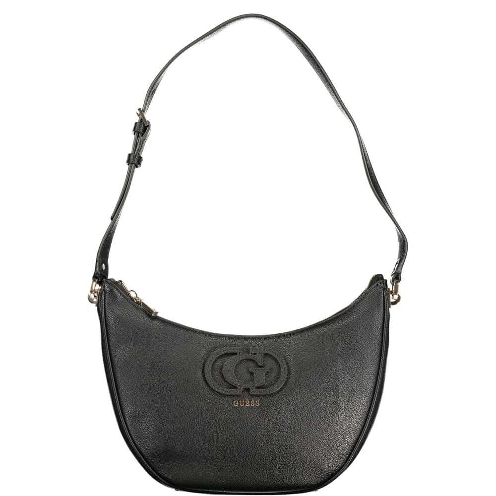 Guess Jeans Black Polyethylene Women Handbag with adjustable shoulder strap and multiple pockets on white background.