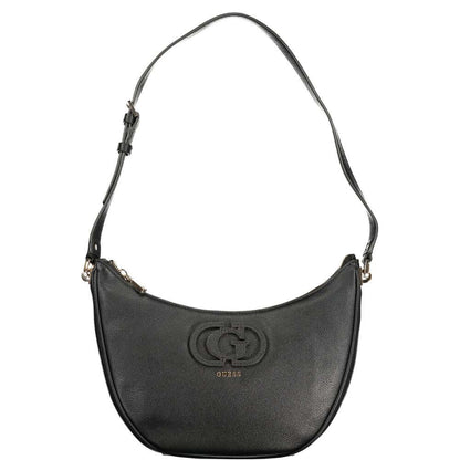 Guess Jeans Black Polyethylene Women Handbag with adjustable shoulder strap and multiple pockets on white background.