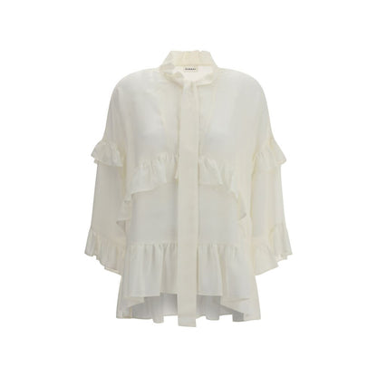 P.A.R.O.S.H. Cream Silk Blouse with ruffles and bow closure, feminine V-neck design, made of 100% silk, regular fit, AW25 season.