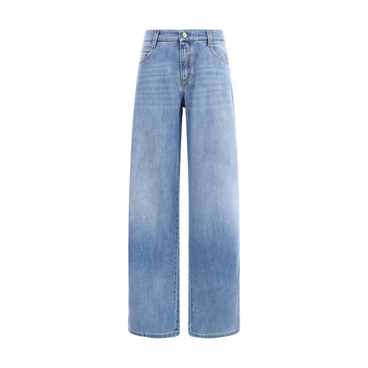Ermanno Scervino Blue Cotton Relaxed Fit Jeans with wide leg, five-pocket design, embroidery, and leather logo, modern urban style.