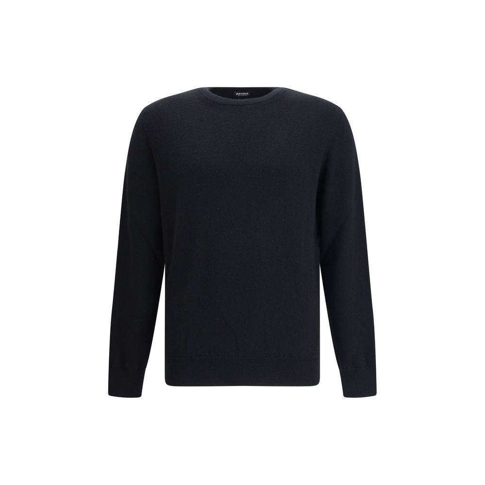 ZEGNA Black Cashmere Cashmere Sweater with ribbed crew neck, cuffs, and hem, offering timeless elegance and unparalleled softness.