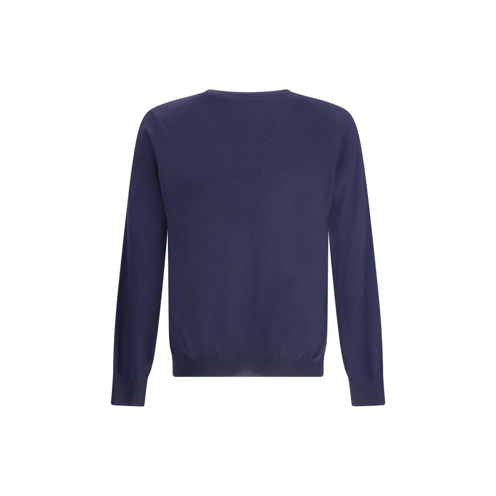 Back view of Brunello Cucinelli Blue Cashmere Cashmere Sweater with ribbed cuffs and hem, showcasing elegant monochrome design.