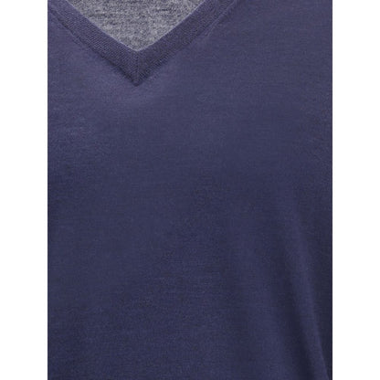 Brunello Cucinelli Blue Cashmere Cashmere Sweater with ribbed V-neck, showcasing refined elegance and monochrome design.