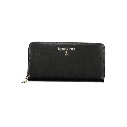 Patrizia Pepe Black Leather Wallet with zip closure, 6 compartments, dual card spaces, coin purse, and logo detailing.