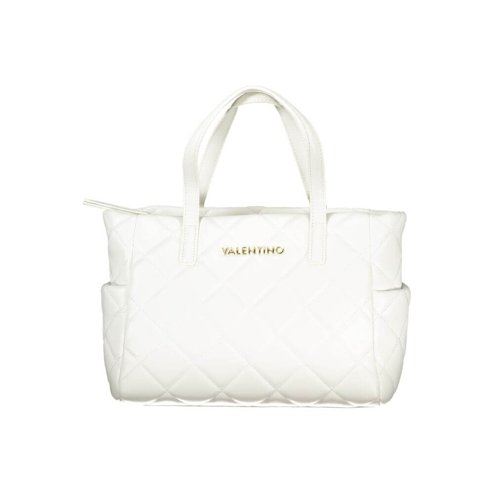 Mario Valentino White Polyethylene Handbag with dual handles and adjustable strap, featuring multiple pockets and contrasting details.