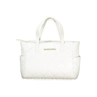 Mario Valentino White Polyethylene Handbag with dual handles and adjustable strap, featuring multiple pockets and contrasting details.