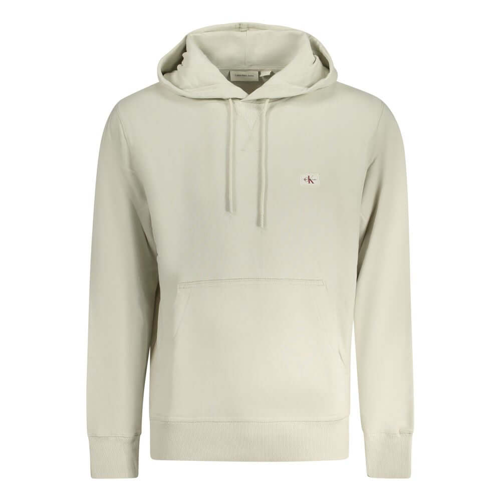 Calvin Klein Beige Cotton Men Sweater with long sleeves, hood, brushed interior, and appliqué logo.