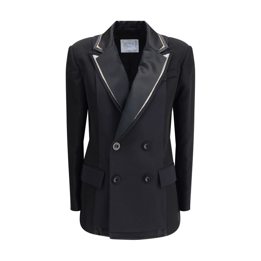 Sacai Black Polyester Clothing: Double-breasted wool blazer with distinctive double layer peaked lapels and front flap pockets.