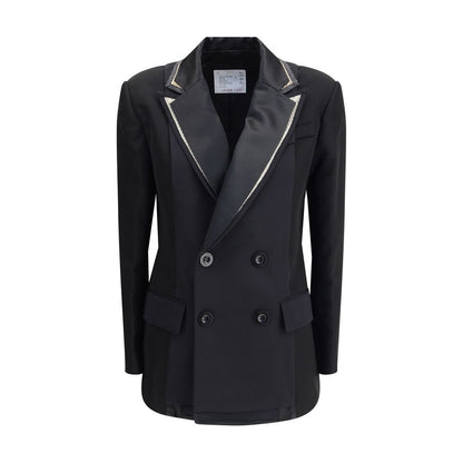 Sacai Black Polyester Clothing: Double-breasted wool blazer with distinctive double layer peaked lapels and front flap pockets.