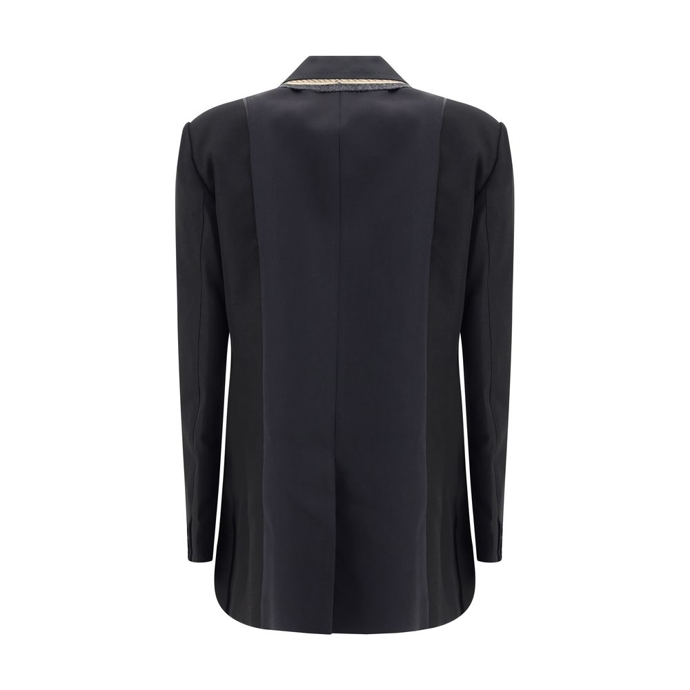 Back view of Sacai Black Polyester Clothing wool blazer with double-breasted design and peaked lapels.