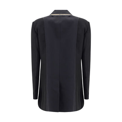 Back view of Sacai Black Polyester Clothing wool blazer with double-breasted design and peaked lapels.